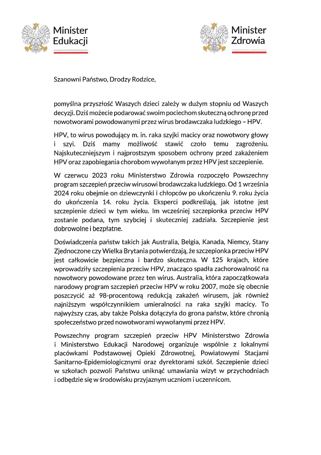 List Ministra Edukacji i Ministra Zdrowia do rodziców page 0001